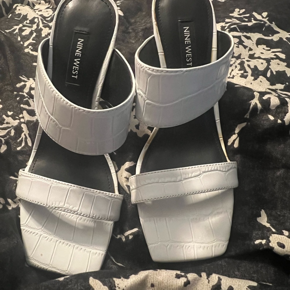 Nine West White Croc-Pattern Sandals